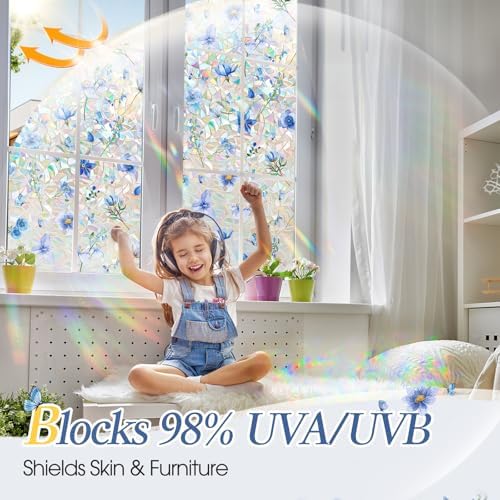 Coavas Stained Glass Window Privacy Film, 3D Rainbow Floral, 17.5" x 78.7" - Image 6
