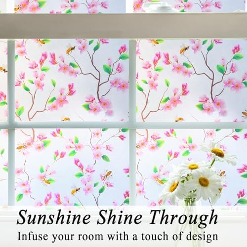 Pink Floral Bees Stained Glass Window Film Privacy Anti UV 35x78.7in - Image 5