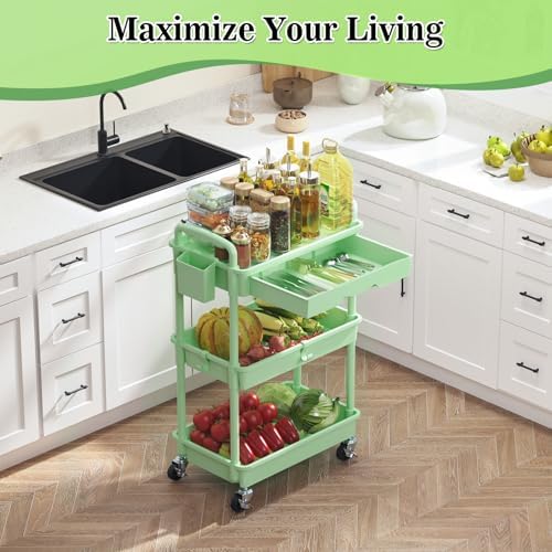 SUNALLY 3 Tier Rolling Cart with Drawer, Craft Storage Cart Organizer,Green - Image 6