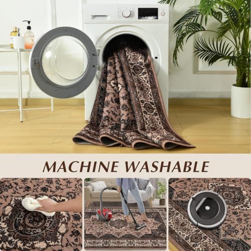 Hanples 4x6 Area Rugs for Living Room, Washable Rug Vintage Floral, Brown - Image 6