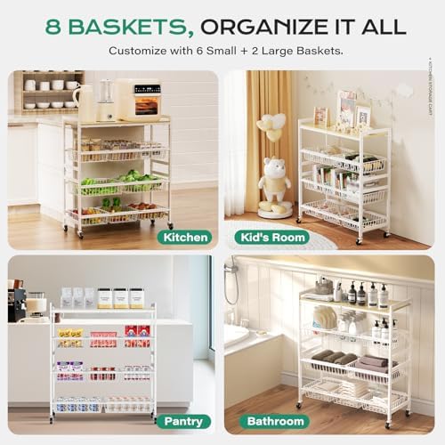 Cinati 4-Tier Utility Kitchen Cart with Wood Top, 29" W Kitchen Storage Cart with 8 Baskets & Handle, Metal Snack Cart with Wheels, Adjustable Pantry Organizer and Storage Cart for Fruit, Vegetables - Image 6