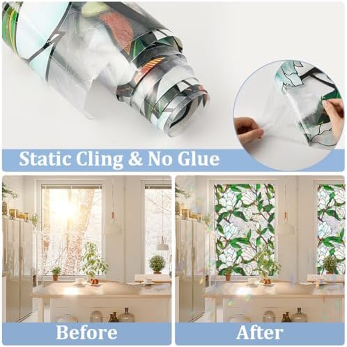 GORGECRAFT 39.4x17 Inch White Flower Rainbow Window Privacy Film 3D Stained Glass Decorative Sun Blocking UV Resistant Non-Adhesive Reusable Sticker - Image 5