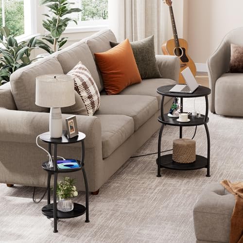 Round Side Table with Power Outlet, USB Type C Port, 3-Tier End Table - Image 7