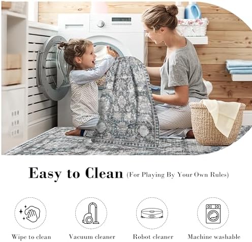 RUGSURE Washable Area Rugs - Perfect for Living Room, Bedroom, Kids Room, Nursery - Stain & Water Resistant Non-Slip, Pet & Child Friendly, Vintage Tribal Area Rugs (Grey and Bule, 2'6'' x 8') - Image 7