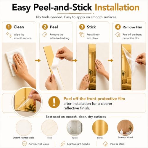 Acrylic Mirror Wall Decor, Peel and Stick Mirror Strips, Vertical Wall Mirror Tiles for Entryway, Bedroom & Bathroom, Shatterproof, Removable, Gold Silver Black, 20/30/40 PCS (40, Gold) - Image 6