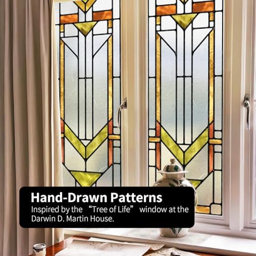Original Hand Drawn Faux Stained Glass Window Film, Double-Sided Privacy Static Film, Boho Geometry Patterns Inspired by Martin House Peep Proof 16.93"X84.65" - Image 5