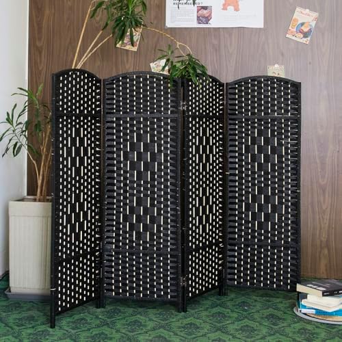 Furnnylane 4 Panel Black Rattan Room Divider for Room Separation, 47.2" Low Height Double Sided Folding Privacy Screen, Freestanding Partition Screen for Home Office - 3.95 ft Tall - Image 5