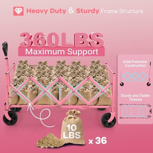 HIKEMOON 34'' Extra Long Folding Portable Wagon Cart, 120L 360LBS Pink - Image 6