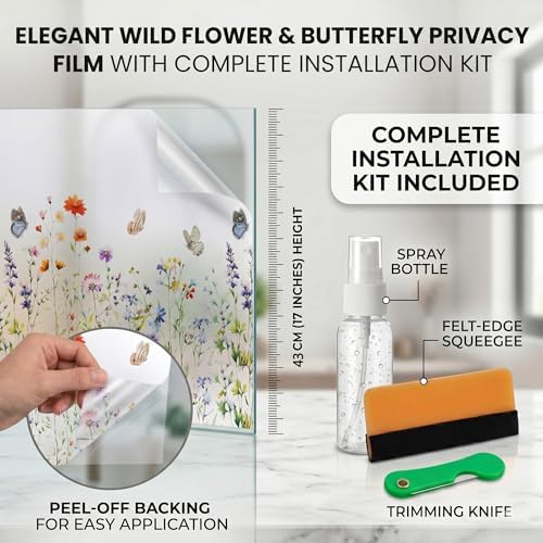 Static Cling Window Privacy Film, 78" x 17" Frosted Glass Covering with Wildflower & Botanical Patterns, Removable No Glue Window Film for Home Bathroom Bedroom Office (Butterfly Floral) - Image 7