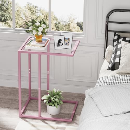 C Shaped End Table, Side End Tables for Living Room,Glass Sofa Couch Table with Metal Frame, Small Tv Tray Snack Dinner Table for Bedroom, Small Spaces, Easy Assembly (Pink) - Image 6