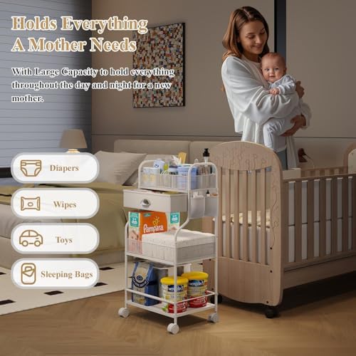 Baby Diaper Caddy Cart Organizer -3 Tier, Bedside Nursery Essentials Organizer & Storage Holder for Newborn Baby Stuff, 2+1 Dividers, 1 Drawer,Rolling Utility Cart for Bedroom,Changing Table, Crib. - Image 6