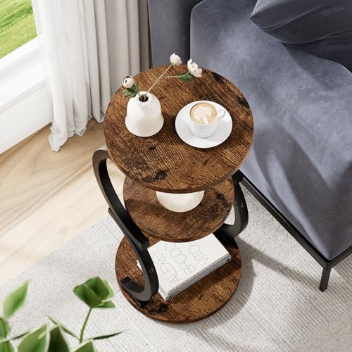 Small Side Table, 3-Tier Round End Table for Small Spaces, Rustic Brown - Image 6