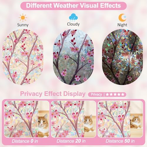 Countewol Stained Glass Privacy Window Film Static Cling Window Film Anti-Glare UV Protection Removable Decorative Window Clings for Home(Rainbow Sakura 78.7" L*17.5" W - Image 6