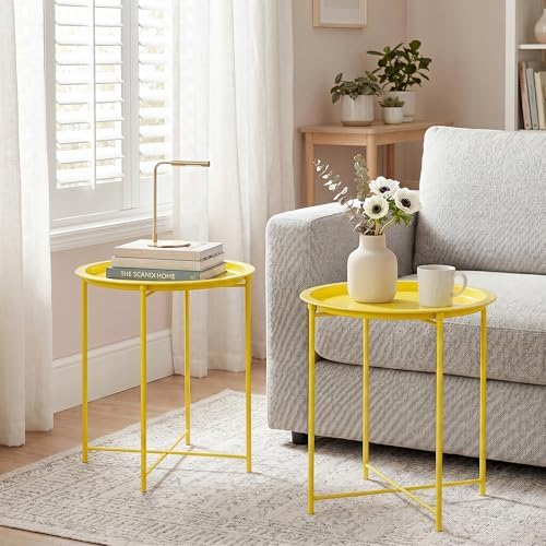 VECELO Side/End Table, Folding Round Metal Anti-Rust and Waterproof Outdoor or Indoor Tray for Living Room Bedroom Balcony and Office, 2 PCS, Yellow - Image 6