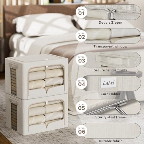 FHSQX 3 Pack Clothes Storage Bins Foldable Metal Frame Storage Box Stackable Linen Fabric Organizer Set with Carrying Handles and Clear Window (Beige, 15.7x11.8x11.8inch(36L)) - Image 6