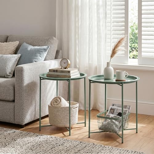 VECELO Side/End Table, Folding Round Metal Anti-Rust and Waterproof Outdoor or Indoor Tray for Living Room Bedroom Balcony and Office, 2 PCS, Dark Green - Image 6