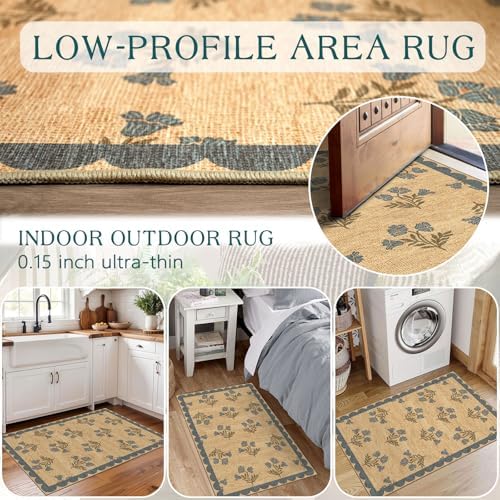 Front Door Mat Outside Entrance - 2x3 Jute-Look Blue Floral Rug - Image 7