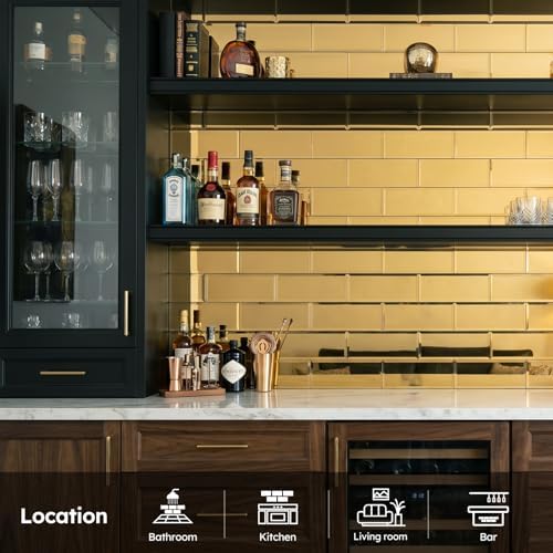 Diflart Peel and Stick Mirror Backsplash, Gold, 4x12 Inch, Beveled Mirror Subway Kitchen Bar Wall Tile (5 Sq.ft, 15 Pcs) - Image 6