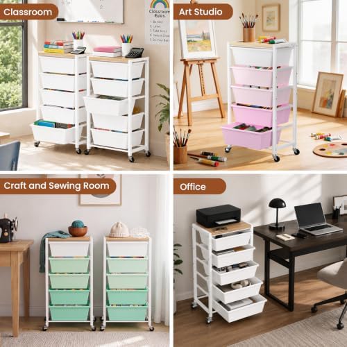 Rolling Cart with 5 Drawers, Plastic Drawer Storage Carts with Wheels & Wooden Tabletop, Metal Utility Cart for Office Bedroom Living Room Classroom, Craft Organization and Storage, Pink - Image 6