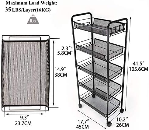 JANE EYRE 5-Tier Rolling Utility Storage Rack Cart on Wheels, Trolley Craft cart, Multi-Purpose Organizer Shelf, Black - Image 6
