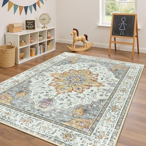 RELEANY Washable Area Rug, 4'x6', Beige/Carbon Grey/Orange - Image 3