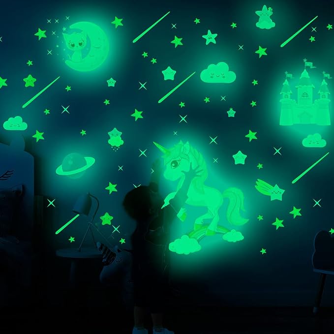 Glow in The Dark Unicorn Stickers, 206 pcs Cats and Moon Wall Decals, Glowing Castle Clouds Ceiling Decor for Kids Bedroom, Stars and Rainbow Wall Decor for Girls and Boys Gift - Image 9