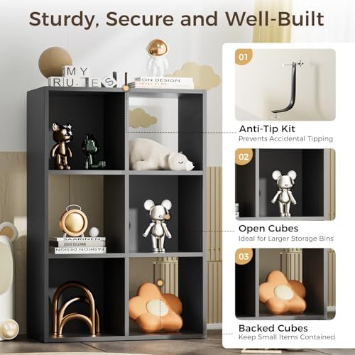 COMHOMA 6 Wood Cube Storage Organizer with Open Back and Removable Back Panels, 11In Black Cube Storage Bookshelf, Cubicle Shelf Bookcase for Home Office Bedroom Living Room, Vertical or Horizontal - Image 6