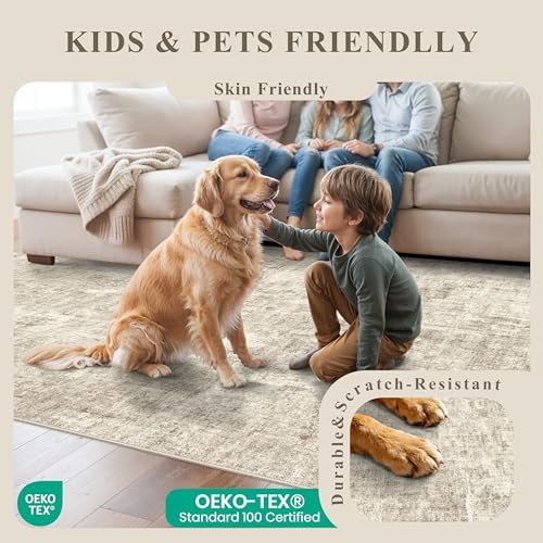 Washable 8x10 Area Rug – Modern Neutral Abstract Soft Non-Slip Stain-Resistant Low Pile Thin Carpet for Living Room Bedroom Dining Room Under Table Home Office(Warm Beige) - Image 5