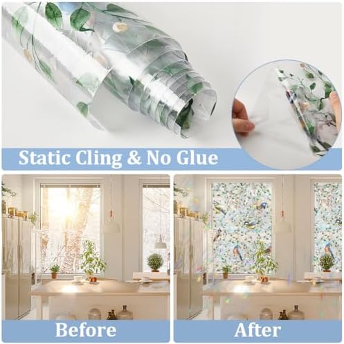 GORGECRAFT 39.4x16.9 Inch Bird on Branch Rainbow Window Privacy Film Green Leaves Plant Static Glass Decals 3D Non-Adhesive Sun Blocking Glass Sticker Prism Stained Window Clings for Room Home - Image 5