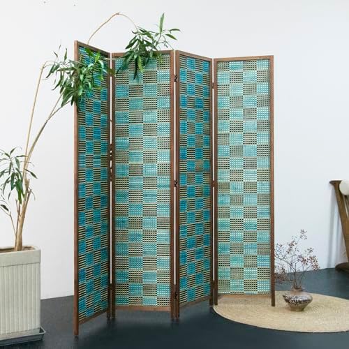 Furnnylane 4 Panel Room Divider Screen and Folding Panel Screen,Double Sided Bamboo Divider for Room Separation,Blue Square,67" H x 63" W - Image 5