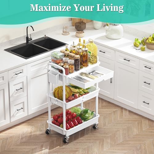 SUNALLY 3 Tier Rolling Cart with Drawer, Craft Storage Cart Organizer,White - Image 6