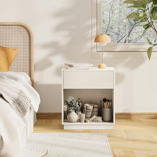 Fluted Nightstands Set of 2, Modern Bedside Table with Storage Drawer and Open Wood Shelf, Wood End Table Mid Century Night Stands for Bedroom Living Room Sofa Couch Office White - Image 7