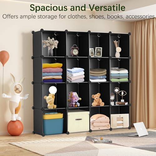 Whitmor 16 Cube Closet Organizers and Storage, Stackable Plastic Closet Shelves with Hooks & Mallet, DIY Clothes Organizer, Cube Bookshelf, Portable Storage Organizer for Bedroom, Home, Office, Black - Image 7
