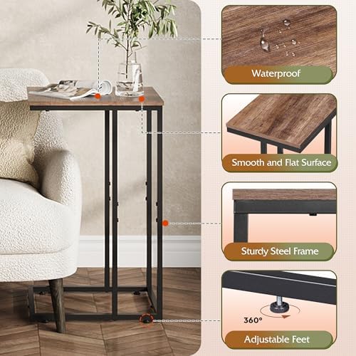WLIVE C Shaped End Tables Set of 2, C Table Side Table for Couch, TV Trays Set of 2, Couch Side Tables that Slide Under, Small Side Table, C Table for Sofa, Living Room, Bedroom, Small Space, Brown - Image 6