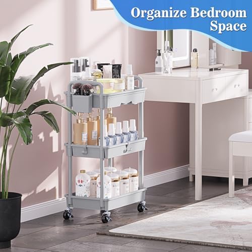 SUNALLY 3 Tier Rolling Cart with Drawer, Craft Storage Cart Organizer, Gray - Image 6