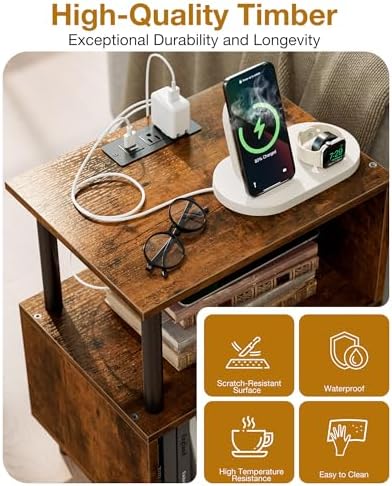 Frylr Side Table, Night Stand and End Table with Power Outlets and USB Ports, Strong Metal Frame, 44lb Capacity per Tier and Leveling Feet for Bedroom, Bedside, Living Room Small Space, Rustic Brown - Image 6