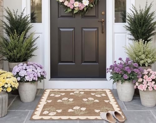 3x3 Square Entryway Rug - Non-Slip Washable Front Door Mat Indoor Outside Entrance Small Porch Rug Tan Neutral Floral Scalloped Throw Rugs for Entryway Kitchen Bedroom Office Front Porch Decor - Image 7