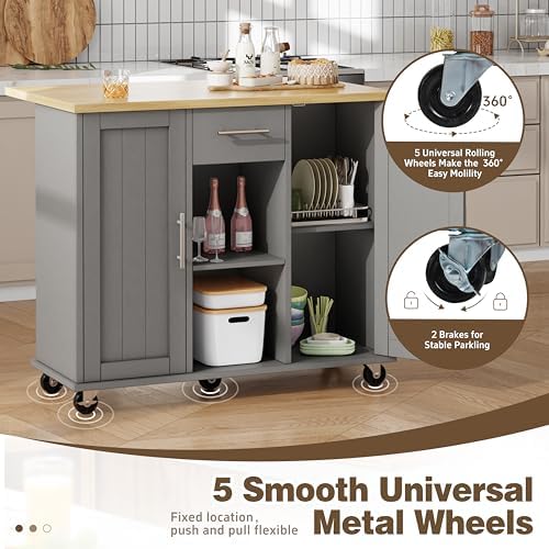 Shintenchi Kitchen Island with Storage, Bar Cart Cabinet Island Table on Wheels, Rolling Microwave Cart for Kitchen with Drop Leaf, Drawers, Towel Rack, Seating Area for Dining Room, Gray - Image 6