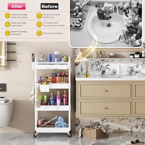 Goovilla Rolling Makeup Organizer Cart with Removable Drawer, 4 Tier White - Image 7