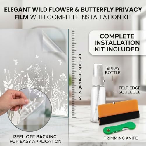 Static Cling Privacy Window Film, 78" x 17" Frosted Glass Covering with Wildflower & Botanical Patterns, Removable No Glue Window Film for Home Bathroom Bedroom Office (Butterfly & Fern Botanical) - Image 7