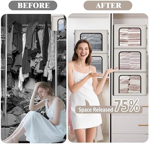 GuliPostan 3 Pack 40L Stackable Clothes Storage Bins with Metal Frame Handles & Zipper, Collapsible Closet Organizer Box with Lid for Bedding Blankets Towel (Beige) - Image 6