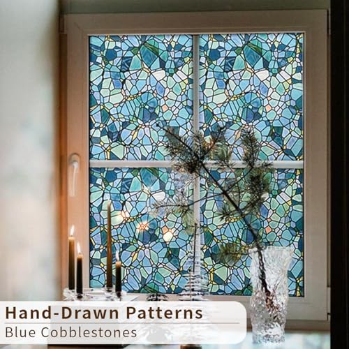 funlife Original Hand-Drawn Privacy Stained Glass Window Film, Reusable Single Sided Static Cling Glass Covers Suitable for Entryway, Decor for Bathroom Glass Window, 29.53"x118", Blue Cobblestones - Image 6