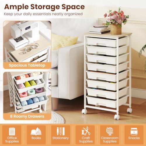 Giantex 8 Drawers Rolling Cart with Wheels, Wood Top, Sturdy Frame - Image 7
