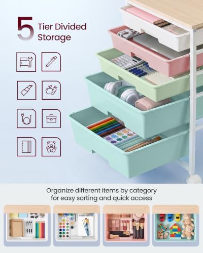 VASAGLE Rolling Cart with Drawers,5 Drawers Storage Cart, Multicolor - Image 6