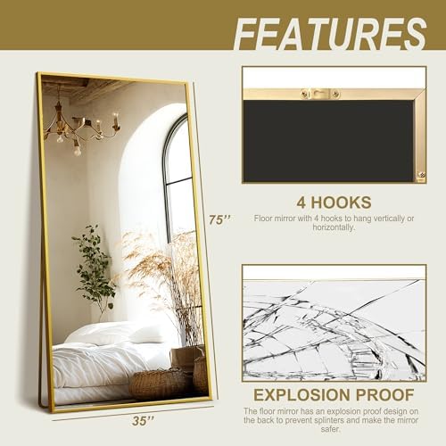 Delma Full Length Mirror with Stand, 75x35 Gold Floor Mirror - Image 7
