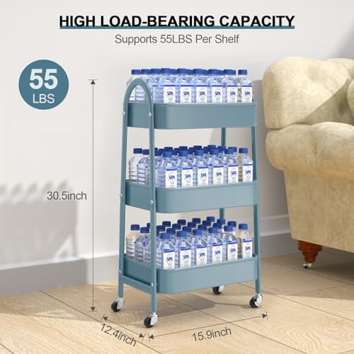 3 Tier Utility Rolling Cart, EAGMAK Metal Storage Cart with Handle and Lockable Wheels, Multifunctional Storage Organizer Trolley with Mesh Baskets for Kitchen, Living Room, Office, Garage (Blue) - Image 6