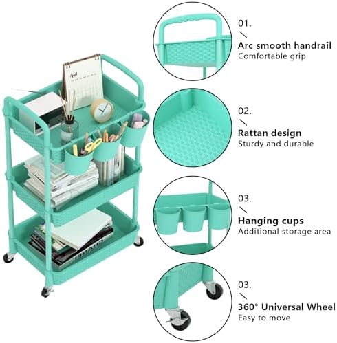 MOYIPIN 3-Tier Plastic Rolling Utility Cart with Handle,Turquoise - Image 7