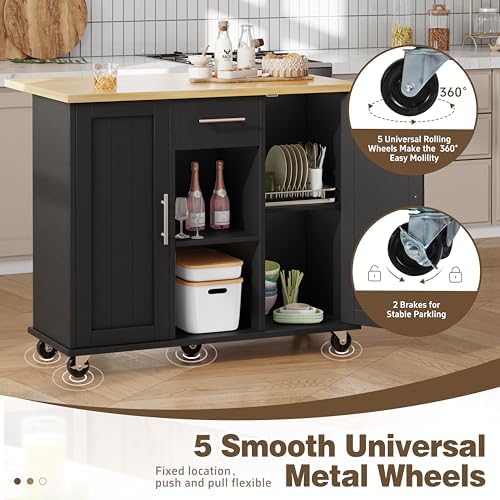 Shintenchi Kitchen Island with Storage, Bar Cart Cabinet Island Table on Wheels, Rolling Microwave Cart for Kitchen with Drop Leaf, Drawers, Towel Rack, Seating Area for Dining Room, Black - Image 6