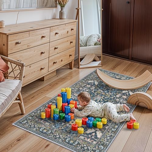Washable 3x5 Entryway Area Rugs: Ultra Soft Low Pile Carpet for Kitchen Nursery Indoor Light-Weight Doormat Anti-Slip Thin Entry Rug for Living Room Bedroom Small Vintage Floor Mat(3x5,Floral/Blue) - Image 6