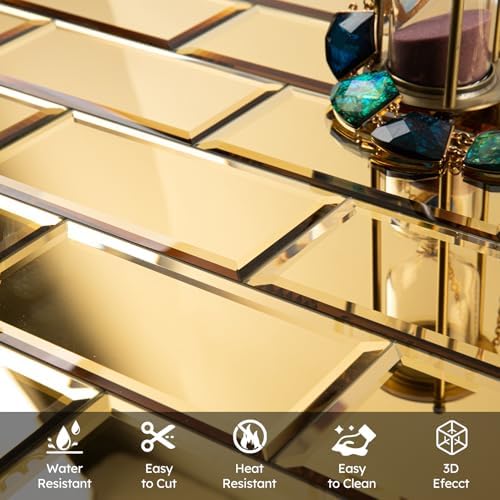 Diflart Peel and Stick Mirror Backsplash, Gold, 3x6 Inch, Beveled Mirror Subway Kitchen Bar Wall Tile (5 Sq.ft, 40 Pcs) - Image 6